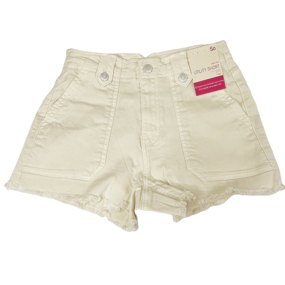 SO Juniors High Rise Fray Hem Utility Cream Shorts Exposed Buttons Size 5 & 7